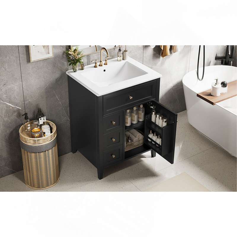 Meuble-lavabo noir 24 po avec lavabo, panneau de fibres à densité moyenne et bois d'hévéa, 3 tiroirs et armoire avec tablettes réglables, conception moderne pour les petites et moyennes salles de bain