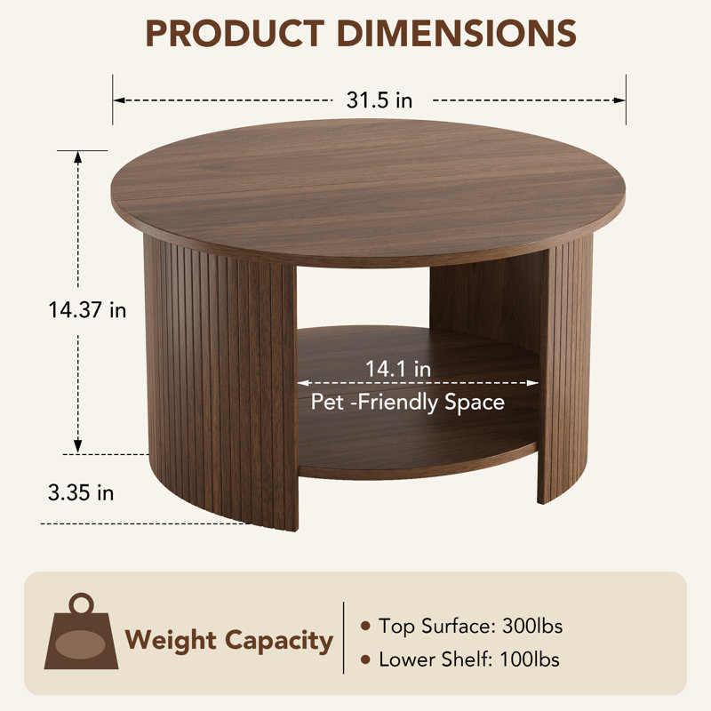 Table basse ronde 31,5 "fabriquée à la main avec rangement en bois massif cannelé , Noyer