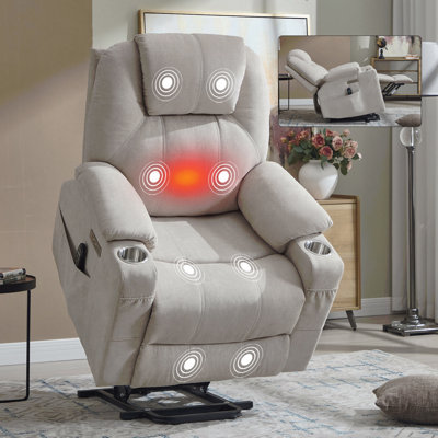 Polyester Power Lift Recliner - 8-Point Massage, Lumbar Heating, USB/Type-C, Steel Cup Holders