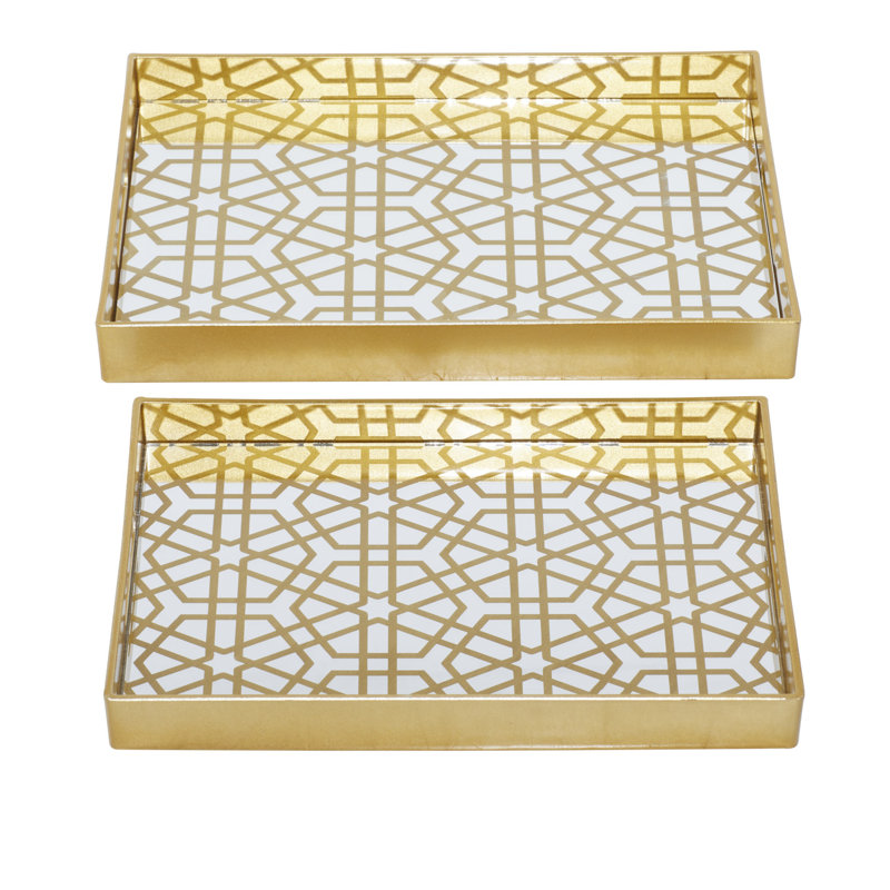 Plastic Mirrored Geometric Decor Gold Tray Set, 1.7"H x 12"W x 15.9"D / 1.7"H x 10.1"W x 13.9"D
