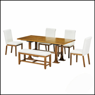 Farmhouse 6-Piece Extendable Dining Set With Solid Wood Trestle Table, Removable Leaf, Upholstered Chairs, And Bench For Versatile Seating
