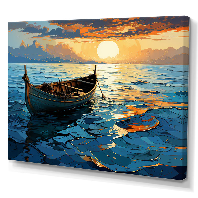 Coucher de soleil sur un bateau en mer - Bateau côtier, art mural, Toile tendue, H 24 po x l 32 po x P 1 po