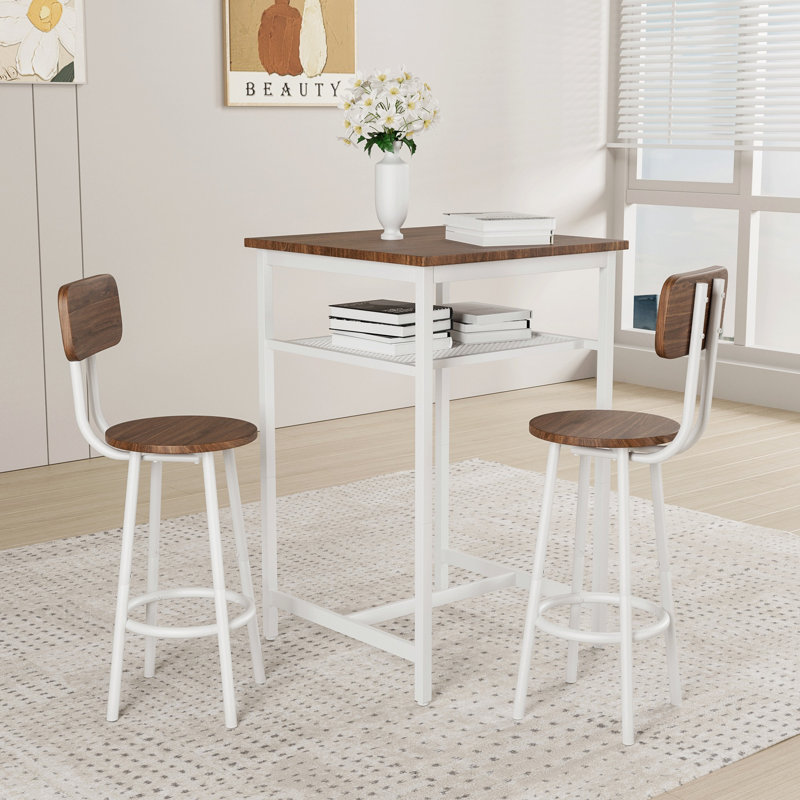 Table de bar, équipée de 2 tabourets de bar, avec dossier et cloison, Brun / Beige