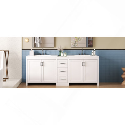 Meuble-lavabo double 84 po, 2 lavabos en céramique et comptoir en quartz, avec tablettes réglables et 3 tiroirs, grand espace de rangement, poignées en métal argenté et charnières à fermeture en douceur