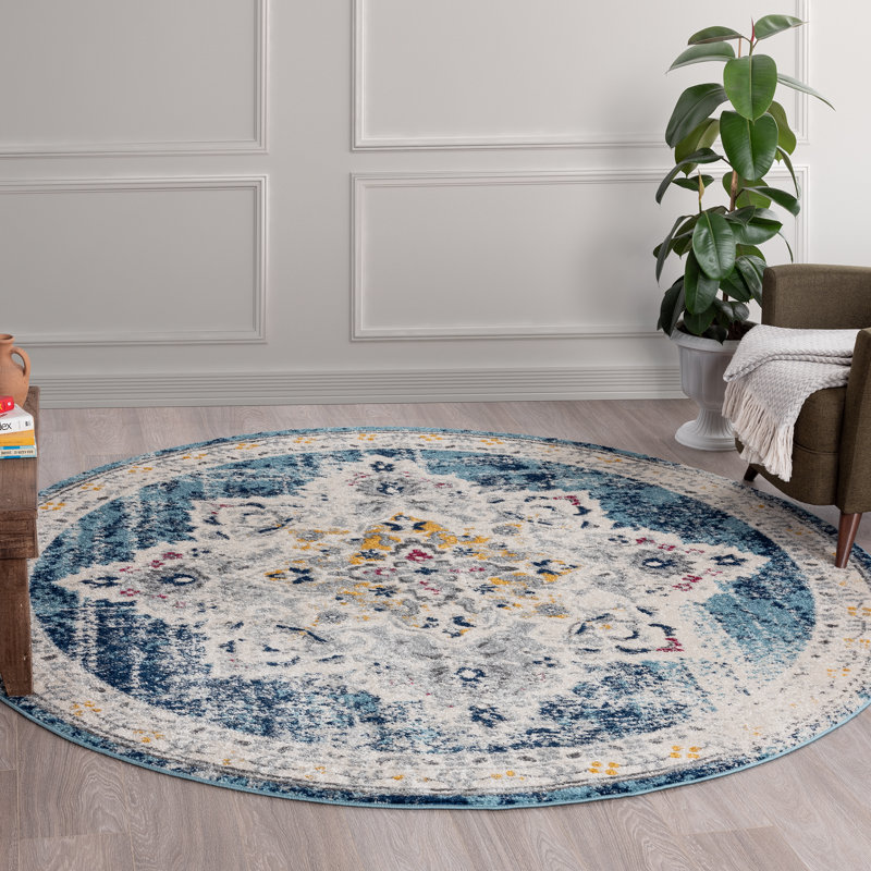 Blue Oriental Medallion Indoor Area Rug for Living Room, Dining Room, Bedroom, Round 5'3"