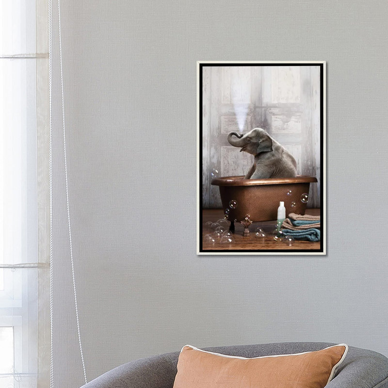 Éléphant dans la baignoire - impression d'art graphique, Toile encadrée flottante blanc vieilli, Pas de tapis