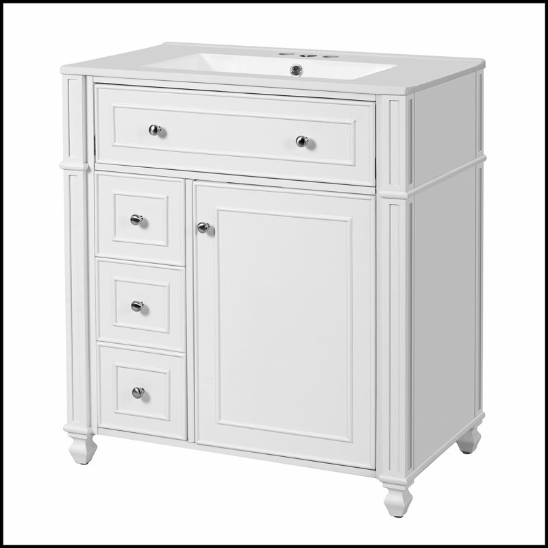 Charmant meuble-lavabo d'inspiration française avec lavabo en céramique, portes à fermeture en douceur et rangement organisé pour les espaces compacts