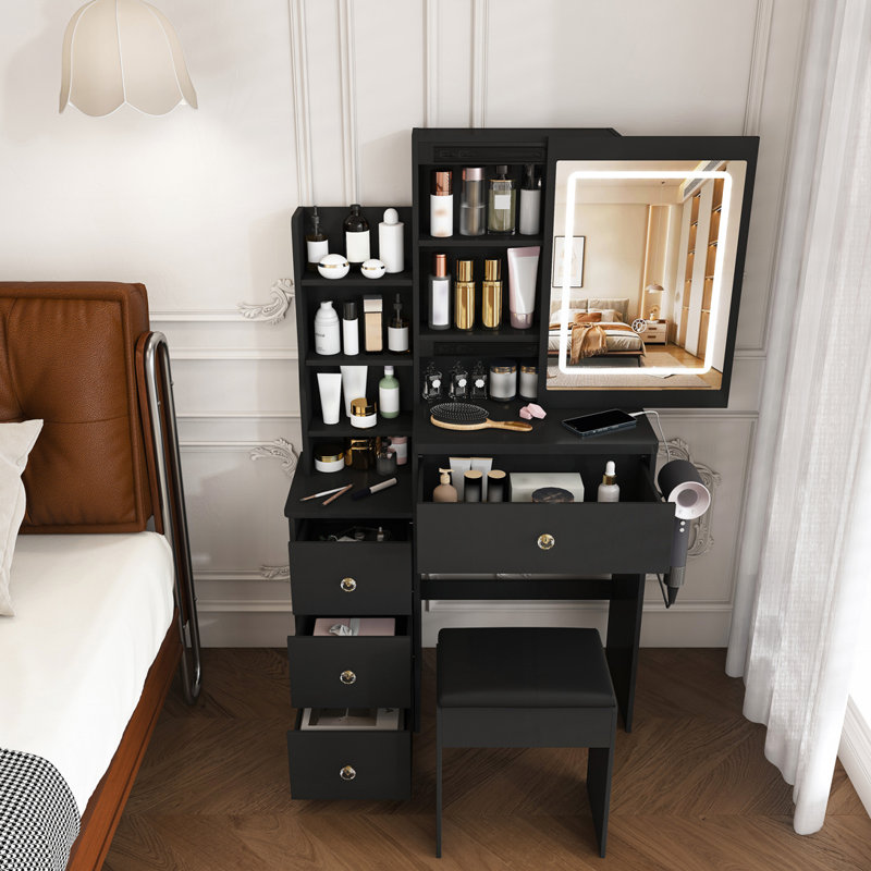 Modern Vanity Desk with LED Lighting, Power Outlet, and Storage