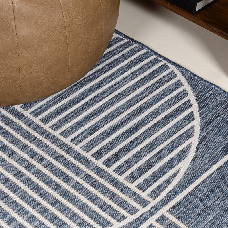 Erkin Mid-Century Modern Geometric Lines Reversible Machine-Washable Navy/Cream Indoor/Outdoor Rug, Rectangle 7'9" x 10'