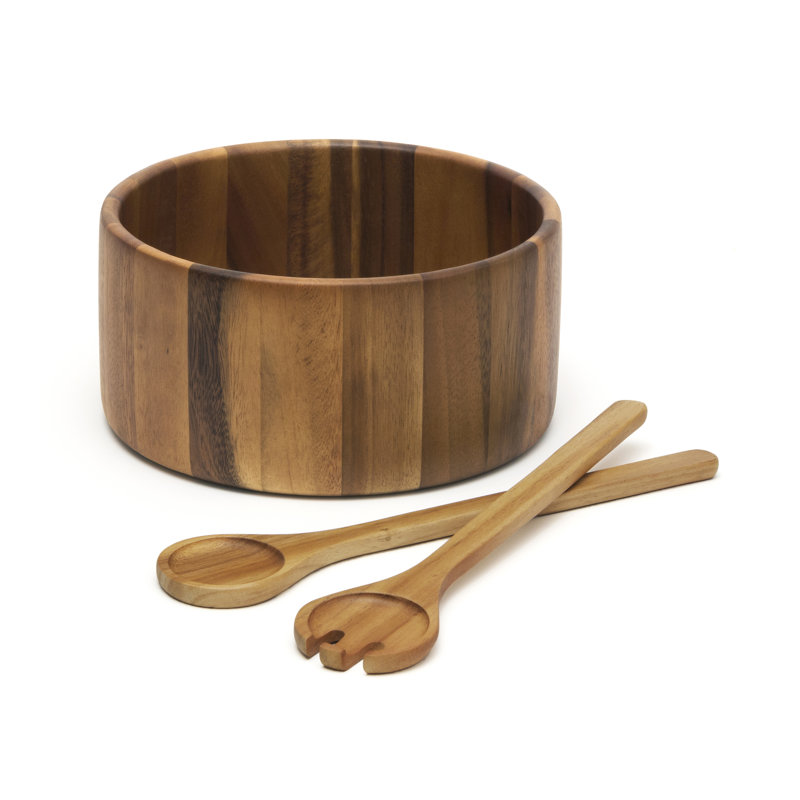 Large Acacia Wood Salad and Fruit Serving Bowl with Servers