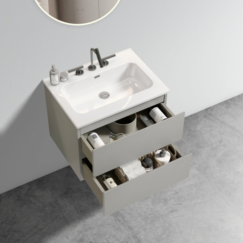 Meuble-lavabo mural 24 po avec lavabo en céramique avec trois trous de robinet, grand meuble-lavabo flottant de rangement pour salle de bain moderne, lavabo une pièce sans drain, pré-assemblé