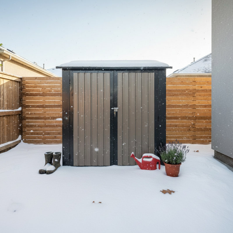 Remise de rangement extérieure en métal de 6 pi x 9 pi avec fenêtre et support à fleurs, remise à outils verrouillable à deux portes, remise de jardin imperméable et résistante aux intempéries pour patio de jardin brun noir
