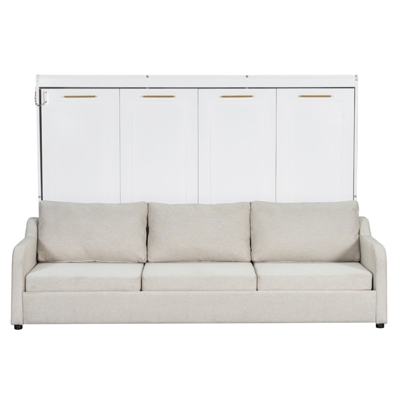 Murphy Cabinet Bed with Folding Sofa, Storage Shelves, LED Lights, Beige, Space-Saving Wall Bed, Full / Double