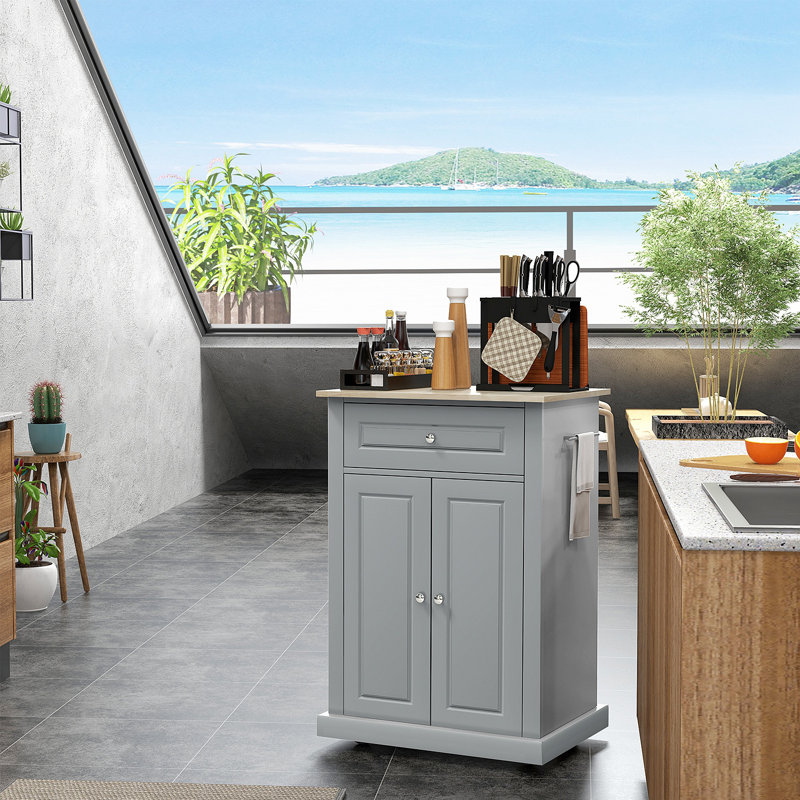 HOMCOM Rolling Kitchen Island Cart, Portable Serving Trolley Table With Drawer, Adjustable Shelf And 2 Towel Racks, Grey
