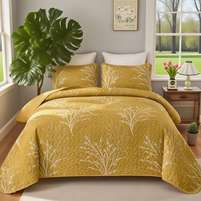 3 Piece Branch Botanical Pattern Bedspread Coverlet Set Soft Lightweight Microfiber Quilt Set for All Season
