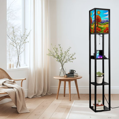 Dimmable LED Standing Floor Lamp Mosaic Stained Glass Print Landscape Tree Mountain, MDF Frame Floor Lamp with Remote Control, 3 Color Light, for Living Room Bedroom