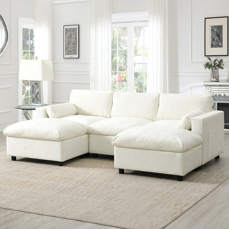 [Vidéo] Canapé modulaire en U de 86,5 po avec poches de rangement, 2 repose-pieds amovibles, coussins pour accoudoirs, combinaison libre, canapé moderne à 5 places pour salon et appartement, chenille, 3 couleurs