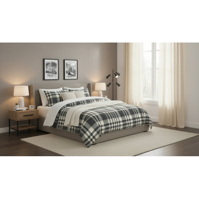 Ensemble de couette réversible à carreaux Whistler en sherpa, gris imitation vison et sherpa duveteux, ensemble de literie 3 pièces pour lit double/queen