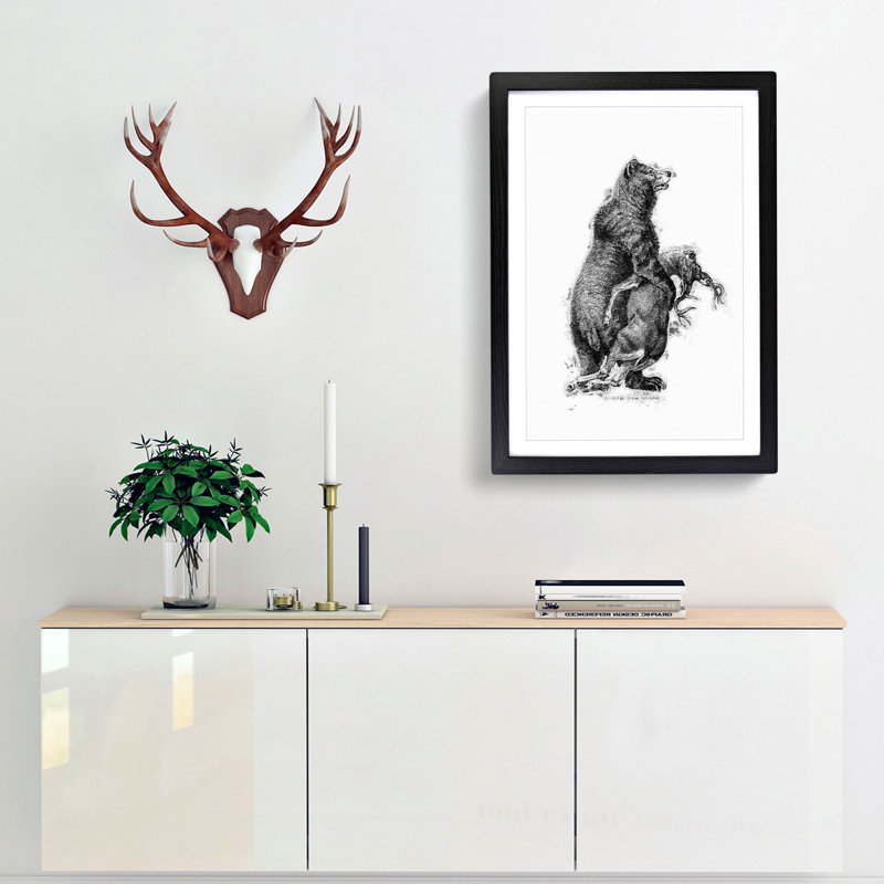 Grizzly Bear and Stag Illustration in Black and White - Picture Frame Painting Print, 36cm H x 27cm W x 2cm D, Black Framed