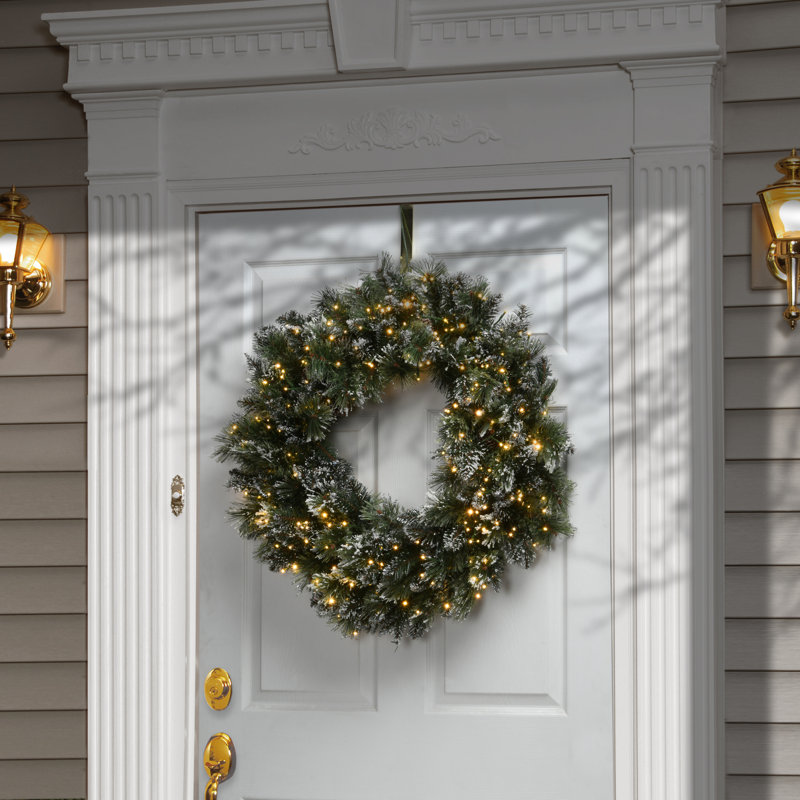 The Holiday Aisle® 30" Glittery Bristle Pine Wreath with Dual Color LED Cosmic Lights