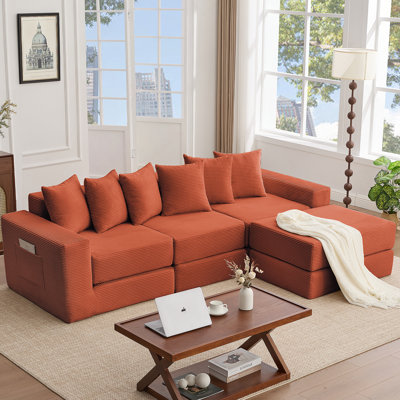Canapé modulaire convertible 10-en-1, canapé d'angle, canapé-lit convertible au sol, velours côtelé, poche latérale, sans assemblage, bricolage, canapé modulaire en forme de L, 6 coussins, orange