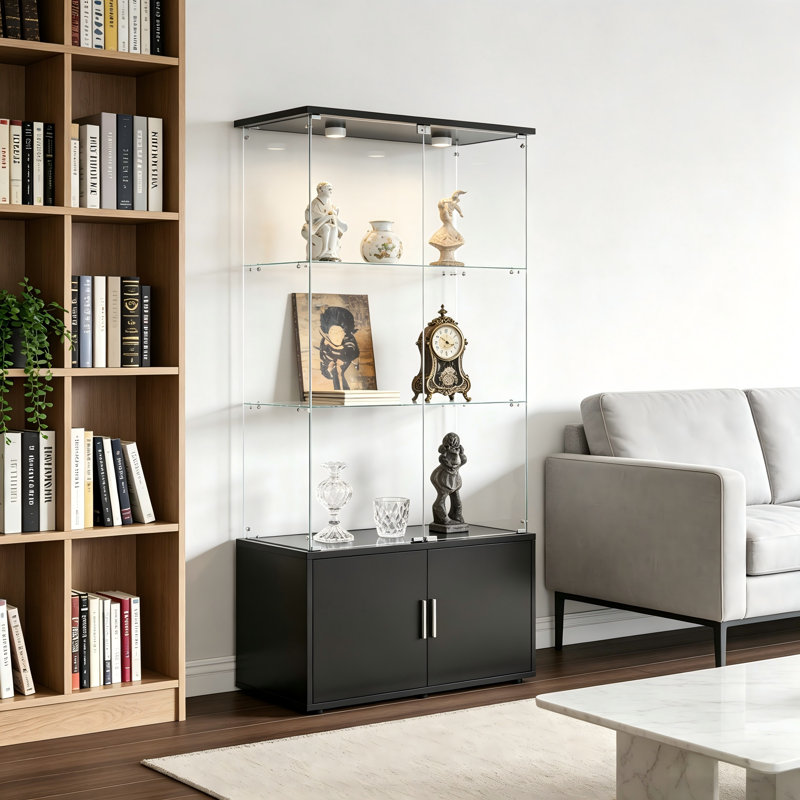 Double-Door, Four-Layer Tempered Glass Storage Cabinet, Black With Remote Control Light, Adjustable Legs, Multi-Purpose Living Room Storage Cabinet.