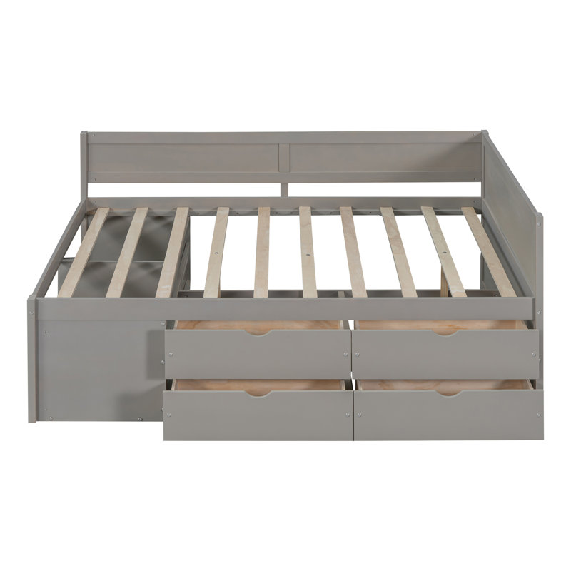 Lit de jour double avec tiroirs et tablettes, gris