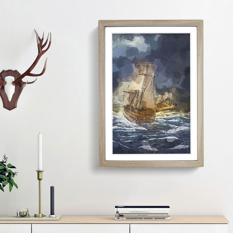 Naval Battle Ship at War in Abstract - Framed Print, 36cm H x 27cm W x 2cm D, Oak Framed