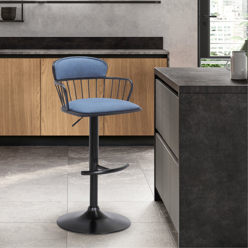 Tabouret pivotant bleu en bois noir, réglable pour le comptoir de la cuisine, facile à assembler et tabouret de bar en tissu avec rotation à 360 degrés, espace de salle à manger idéal