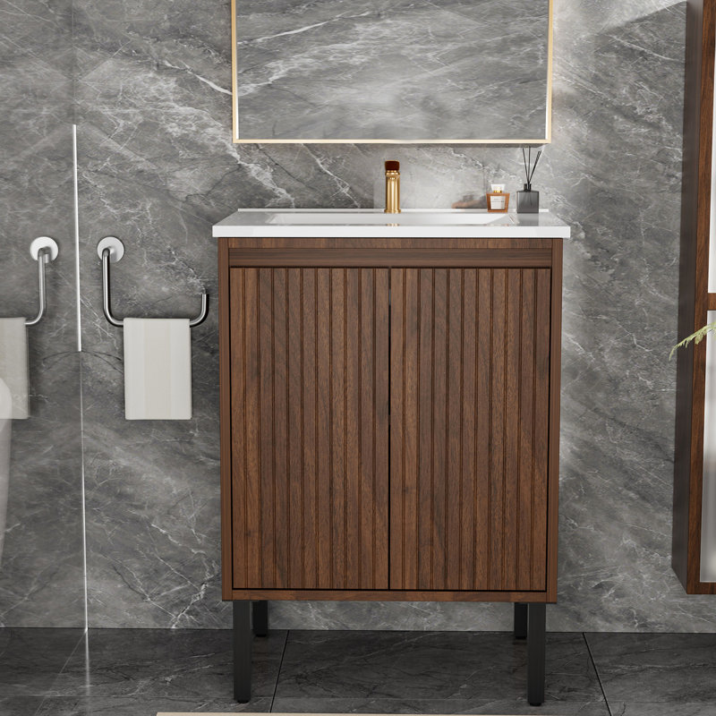Meuble-lavabo de 24 po, installation double, panneau multicouche, lavabo en céramique, grande capacité de rangement, options d'installation modernes, construction, surface facile à nettoyer