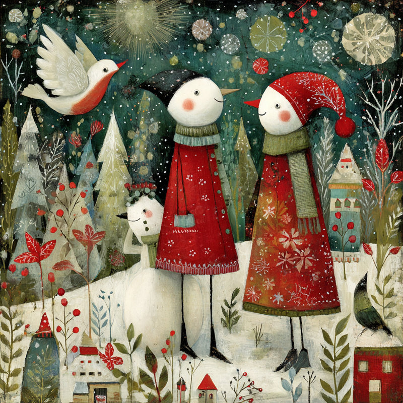 Art mural sur toile Whimsical Snowfolk Gathering, H 30 po x l 30 po