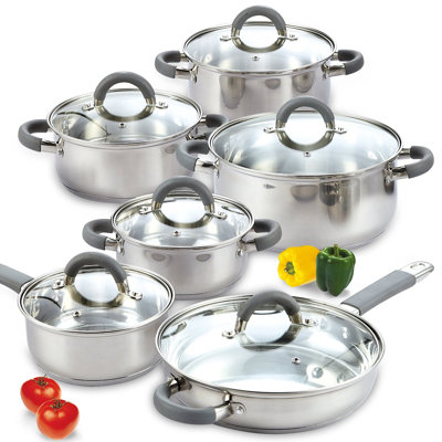 Cook N Home Basics Stainless Steel Cookware Sets, Pots and Pans Set with Stay-Cool Handle, Induction Compatible, Dishwasher and Oven Safe, 12-Piece