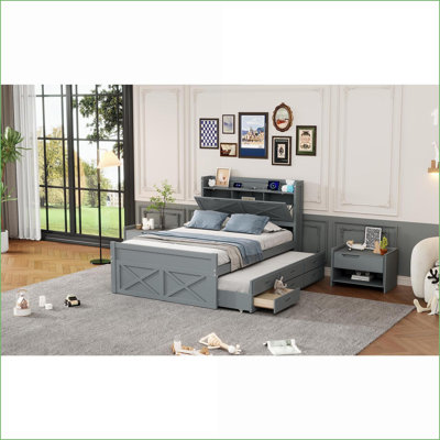 Lit double avec rangement en contreplaqué en panneau de fibres à densité moyenne avec tête de chargement, lit gigogne simple et amp; 3 tiroirs gris pour les chambres modernes