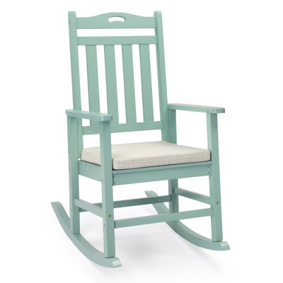 Green Solid Wood Patio Rocking Chair With Cushion And Footrest