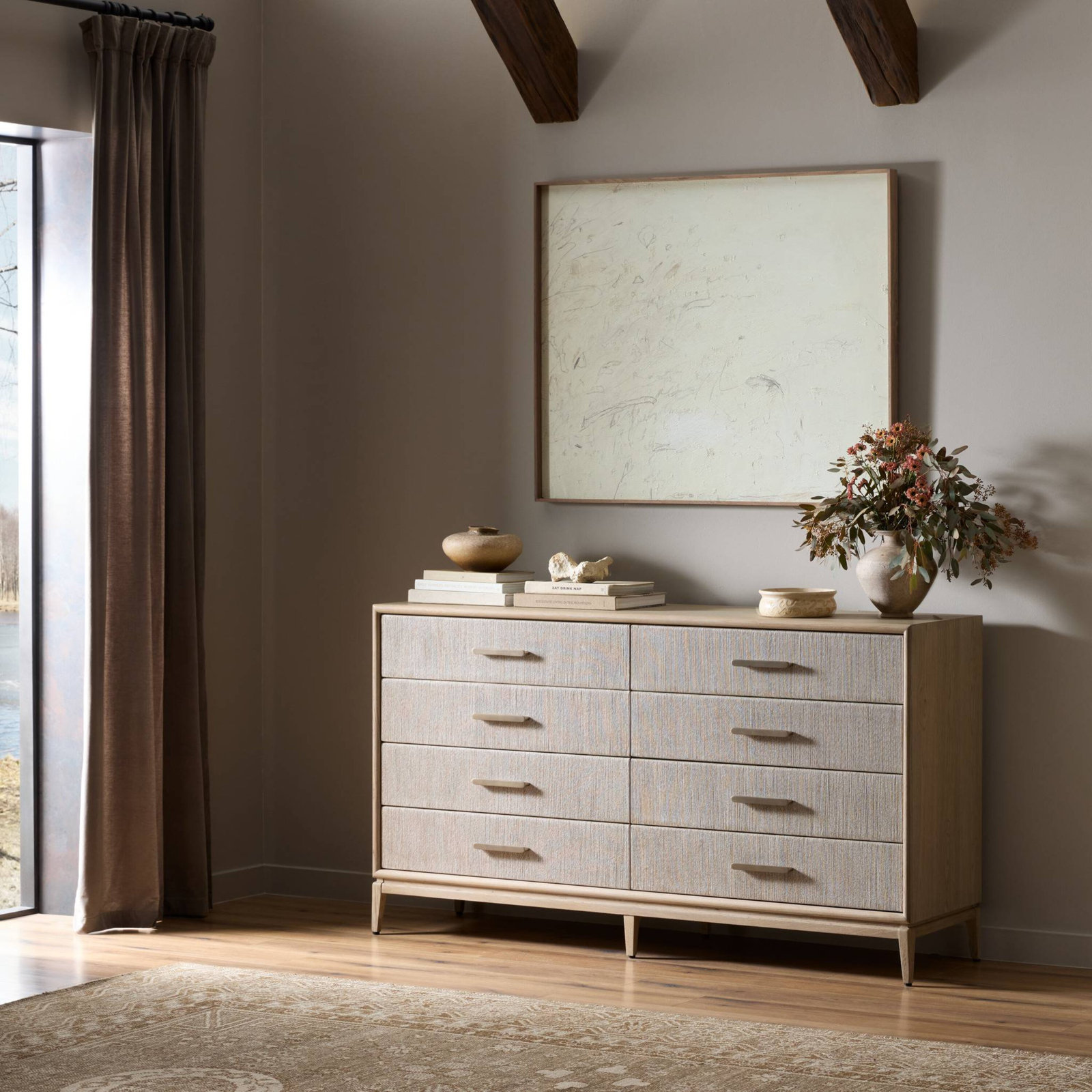 70" Oak 8-Drawer Dresser, Natural Oak Veneer