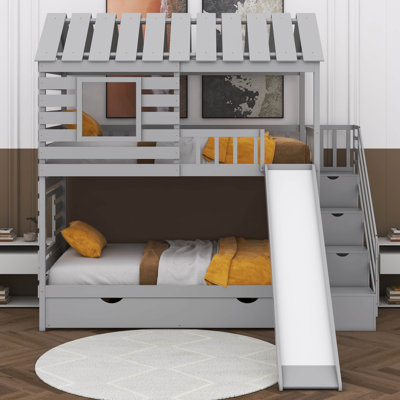 Pocklington Twin over Twin House Bunk Bed with Trundle and Slide, Roof and Window Design