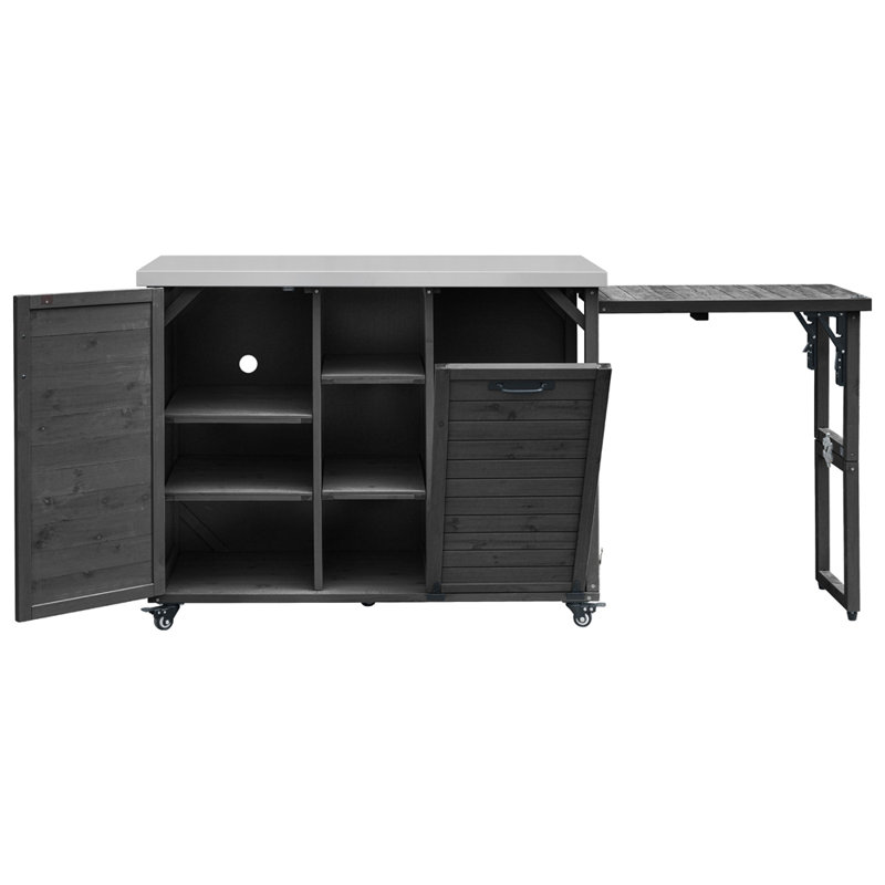 78.3" Outdoor Kitchen Island with Foldable Grill Table, Wooden Outdoor Grill Cart with Trash Can Storage & Stainless Steel Top, Outdoor Bar Cart, Pizza Oven Table for Lawn & Garden