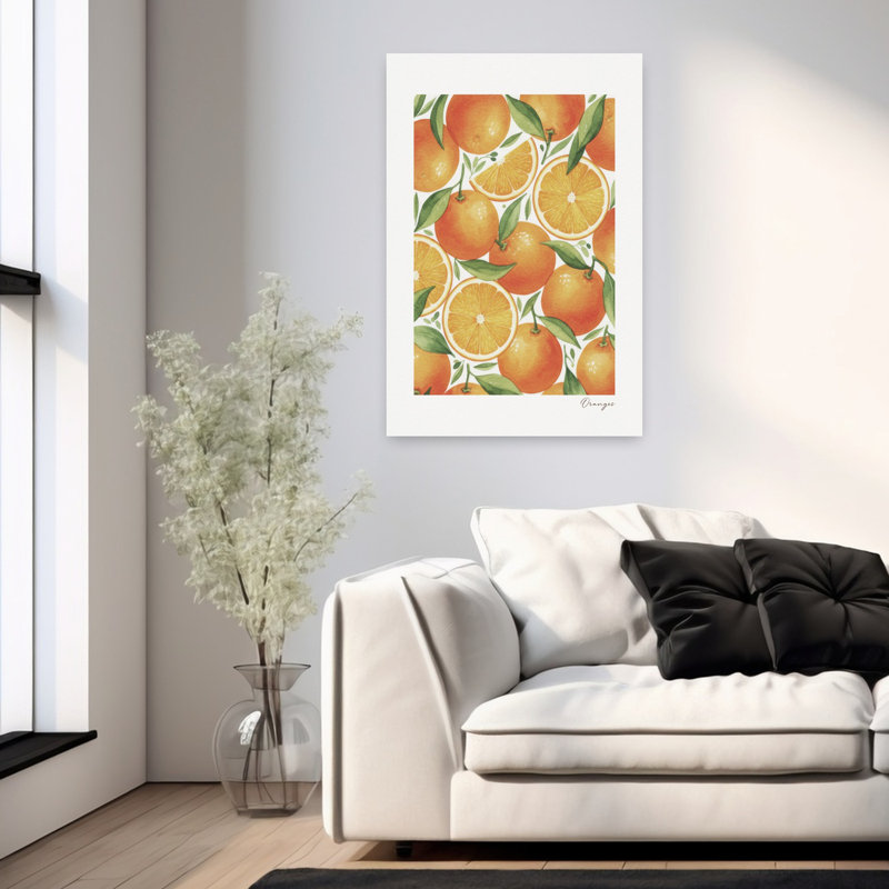 Oranges fraîches, motif abstrait et vibrant, fruits et été, H 36 po x l 24 po