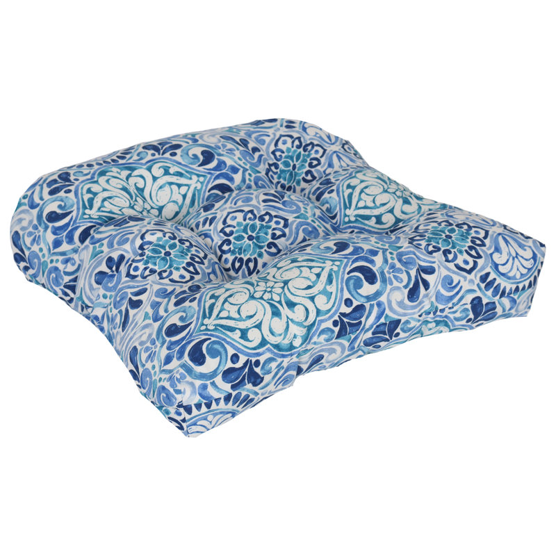 19-Inch Rounded Back Outdoor Chair Cushion, White/Blue/Fiorella Baltic Moroccan