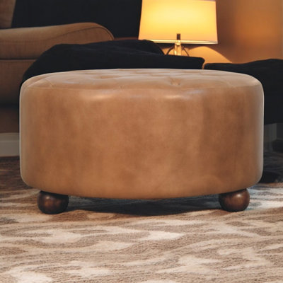 Brown Buffalo Hide Leather Round Ottoman