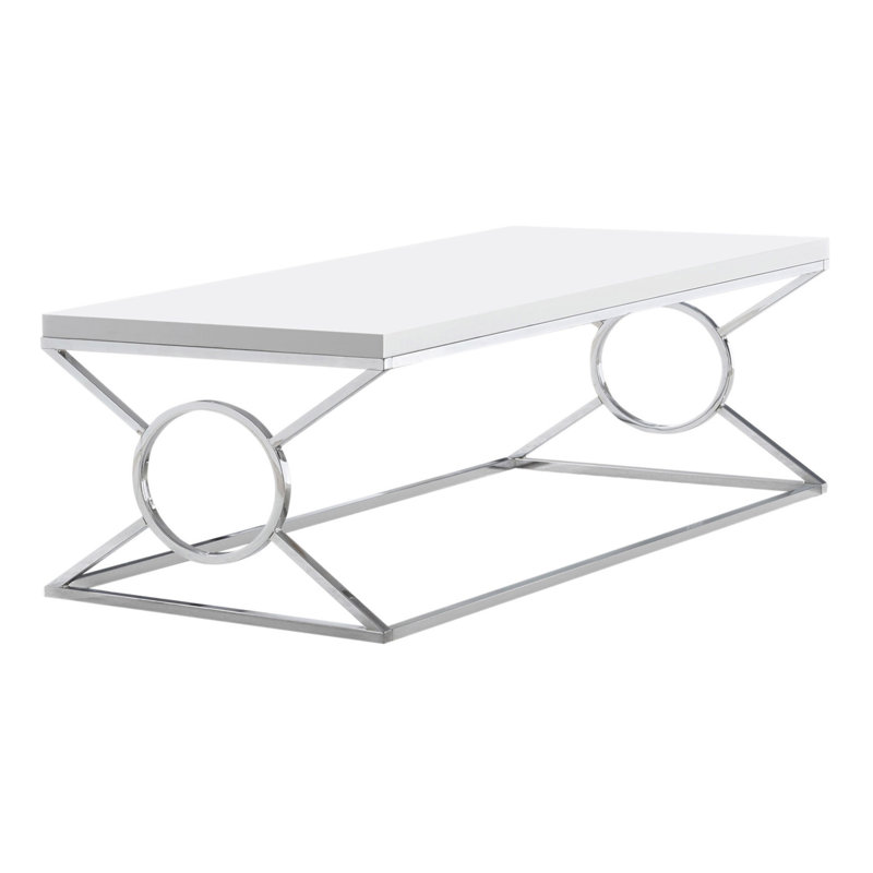 Table basse, accent, cocktail, rectangulaire, salon, L 44 po, stratifié blanc brillant, métal chromé, contemporain, moderne