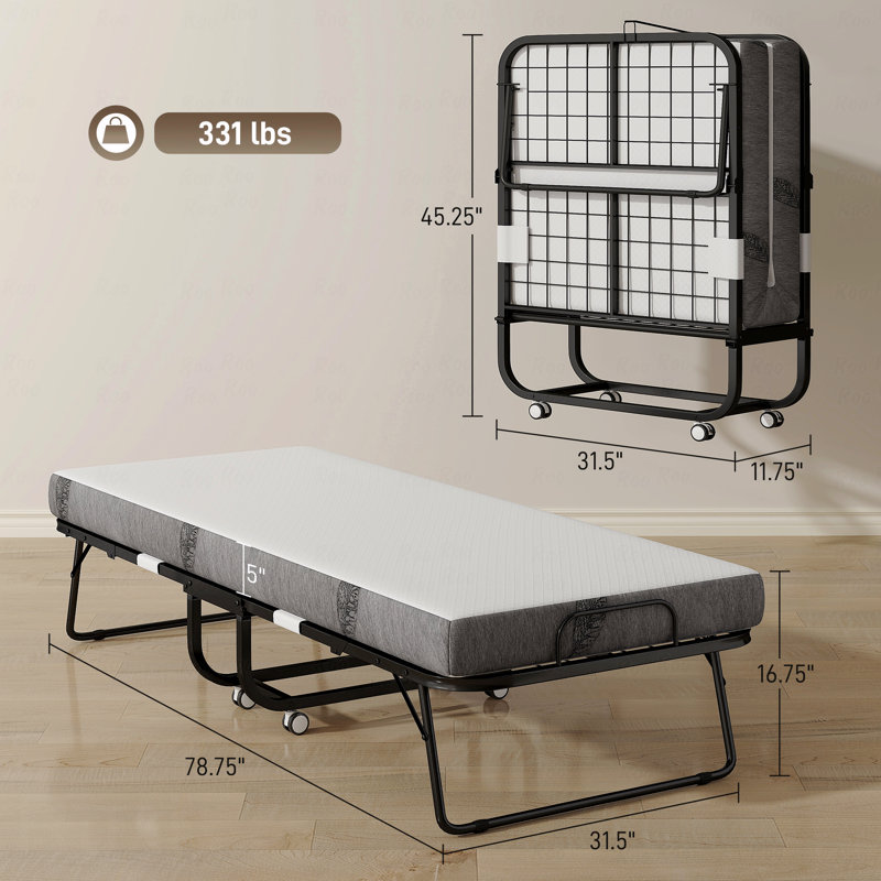 Lit pliant avec matelas pour adultes, taille unique, pliable portable avec matelas en mousse à mémoire de forme et structure en acier