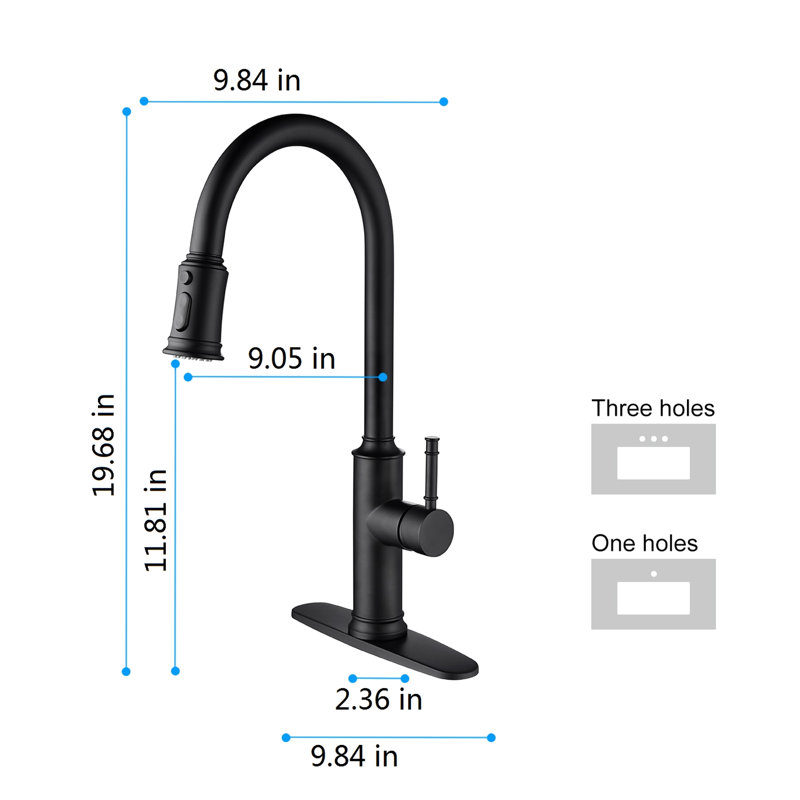Robinet noir mat pour cuisine avec douchette escamotable, fabrication en acier inoxydable, profondeur de 12,2 po, largeur de 25,6 po, hauteur de 2,6 po, poids de 5,8 lb, fabrication