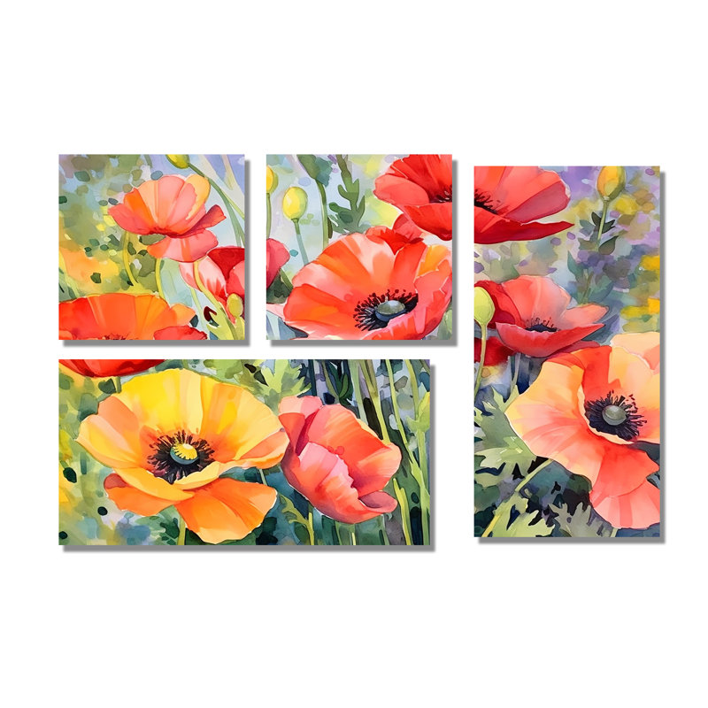 Vibrant Poppies I - art mural corail 4 pièces, Toile tendue, Ne s’applique pas