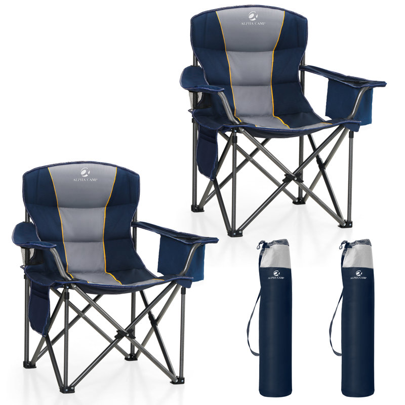 Oversized X-shaped Reinforced Padded Camping Folding Chair With Cup Holder, Blue/Grey, 2