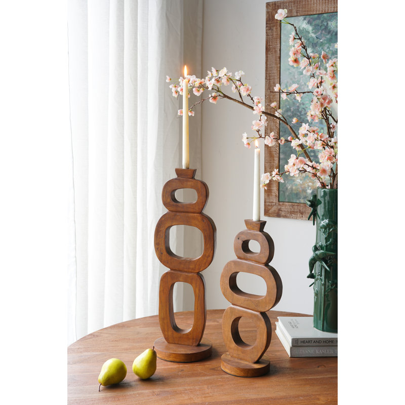 5.5x5.5x17.5" Teak Wood Candle Holder with Round Stacked Design and Natural Brown Finish