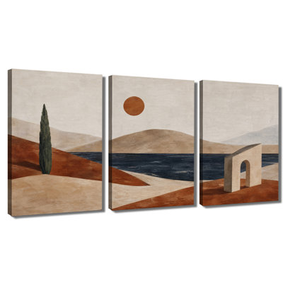 Toile, art mural méditerranéen, paysage côtier géométrique, cyprès, voûte, paysage abstrait, décoration murale