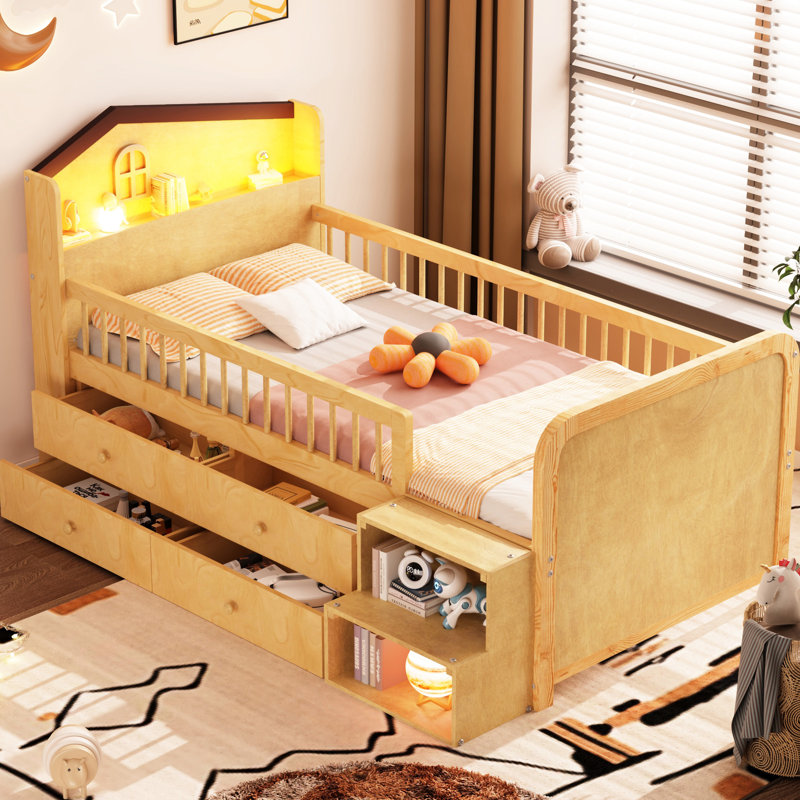 Twin Loft Bed With Led Lighting And Versatile Storage For Natural Efficient Space - Stylish, Natural