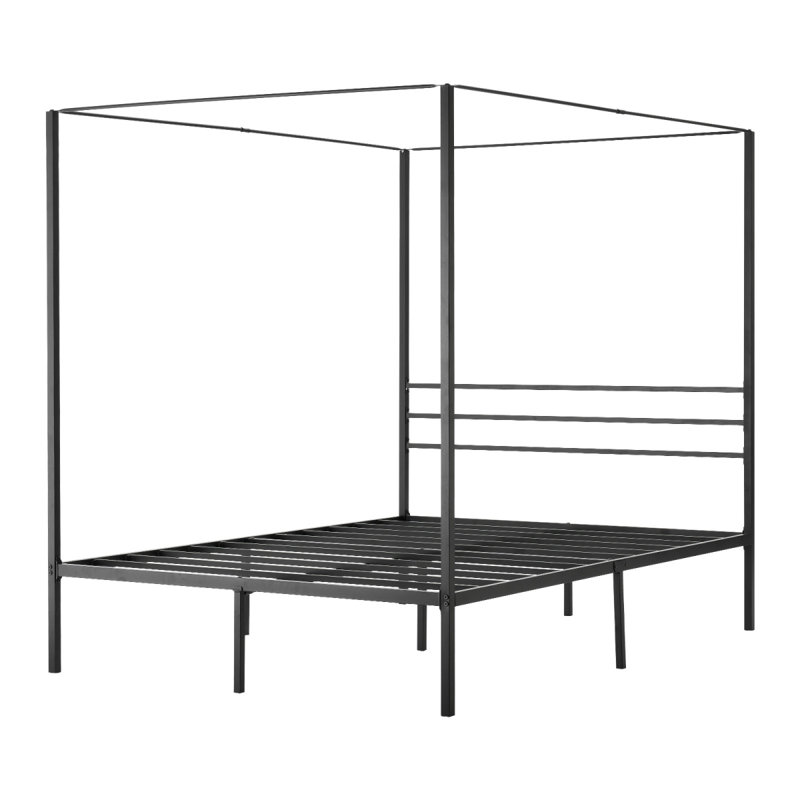 Structure de grand lit à baldaquin, lit à baldaquin en métal avec quatre affiches, support de lattes en acier robuste, espace de rangement sous le lit, aucun sommier requis, assemblage facile, noir
