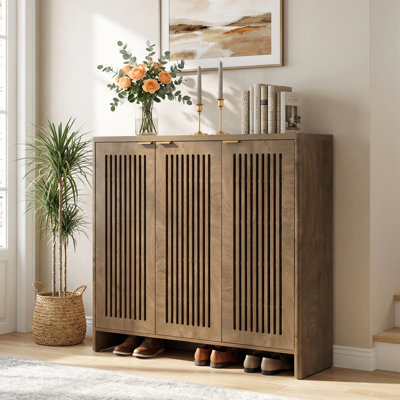 43" Tall Adjustable 5 Tier Shoe Cabinet With 3 Louvered Doors, Wood Grain Storage Organizer For Entryway